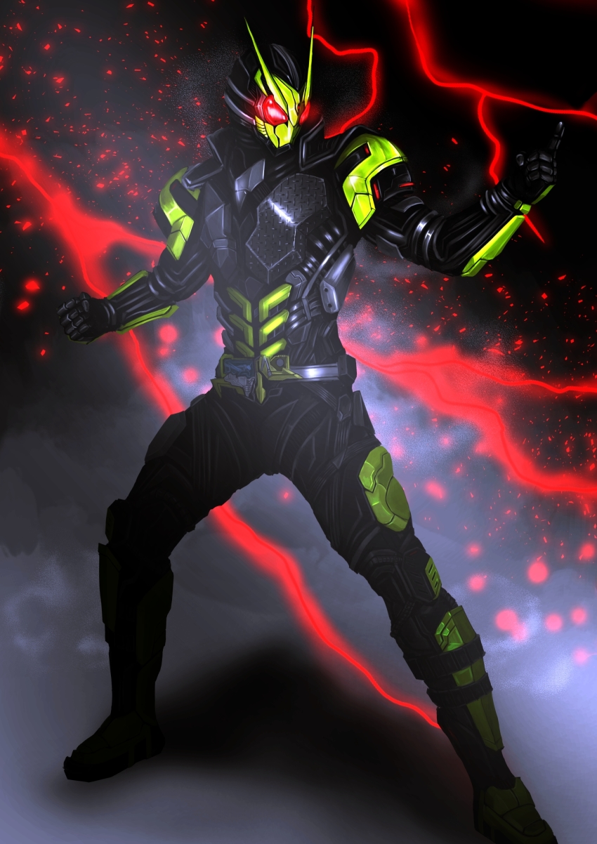 1boy adapted_costume alternate_costume armor black_armor black_footwear bodysuit boots bug clenched_hand commentary_request electricity fighting_stance forceriser grasshopper green_armor highres insect kamen_rider kamen_rider:_reiwa_the_first_generation kamen_rider_01_(series) kamen_rider_zero-one kamen_rider_zerozero_one lightning mask progrise_key rising_hopper tokusatsu trance_enhance