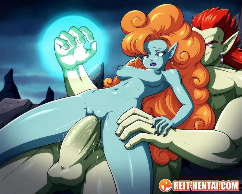1boy 1girl black_nails bojack breasts colored_skin dragon_ball dragonball_z fingernails green_skin hetero large_penis medium_breasts nude orange_hair penis pointy_ears reit sex sex_from_behind vaginal zangya