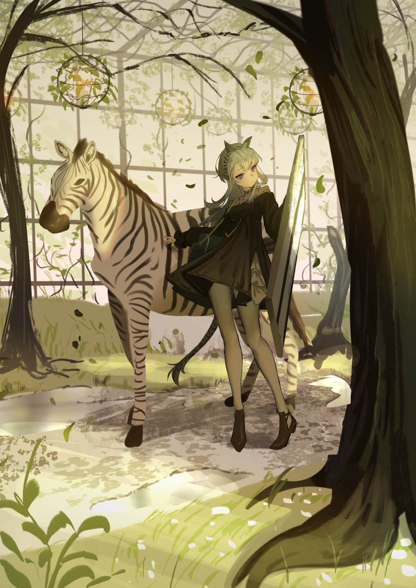 1girl absurdres animal animal_ears ankle_boots arknights bare_tree black_boots black_dress boots closed_mouth dress greenhouse grey_hair grey_pantyhose heavyrain_(arknights) heavyrain_(tranquil_moss)_(arknights) highres holding holding_shield horse_ears horse_girl horse_tail indoors long_hair long_sleeves natsuba002 official_alternate_costume pantyhose purple_eyes shield solo tail tree zebra