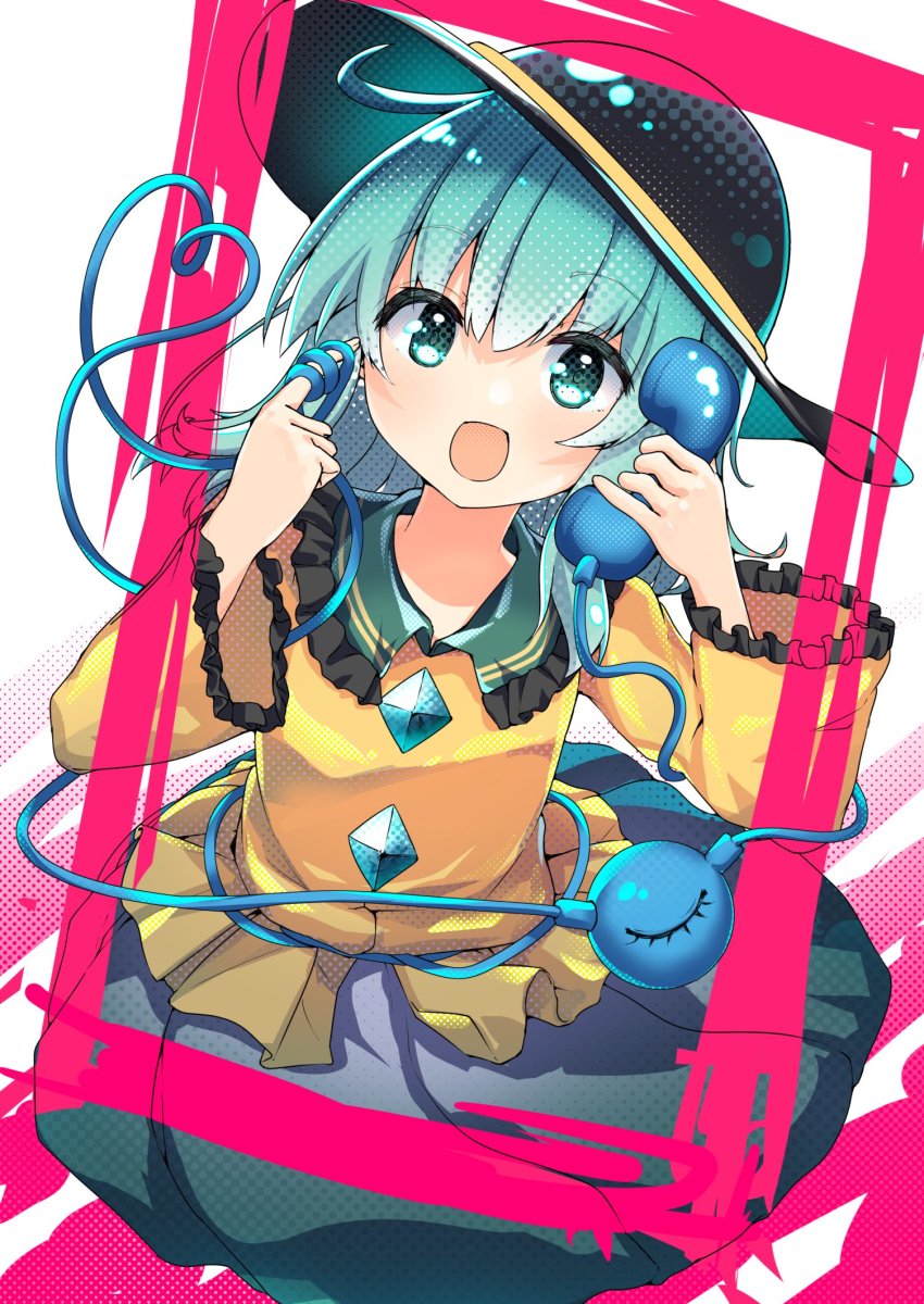 1girl black_hat blouse bow buttons commentary_request diamond_button eyeball fedora frilled_shirt_collar frilled_sleeves frills green_eyes green_hair green_skirt hat hat_bow hat_ribbon heart heart-shaped_pupils heart_of_string highres holding holding_phone komeiji_koishi long_sleeves medium_hair phone rapameri ribbon shirt skirt solo symbol-shaped_pupils third_eye touhou wide_sleeves yellow_bow yellow_ribbon yellow_shirt