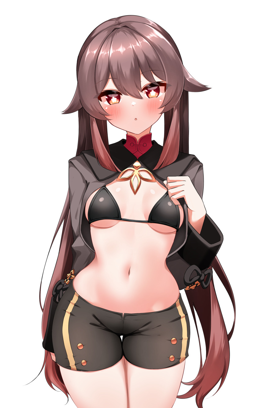 1girl absurdres black_bra blush bra breasts brown_hair commentary_request flower-shaped_pupils genshin_impact hair_between_eyes highres hu_tao_(genshin_impact) long_hair long_sleeves looking_at_viewer navel no_headwear open_clothes pia_(botamochinjufu) red_eyes shorts small_breasts solo standing symbol-shaped_pupils thigh_gap twintails underwear white_background