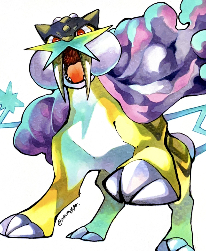 claws from_below gen_2_pokemon highres kagari_(mnmygr) legendary_pokemon nintendo no_humans open_mouth pokemon pokemon_(creature) raikou red_eyes simple_background solo tongue tusks white_background