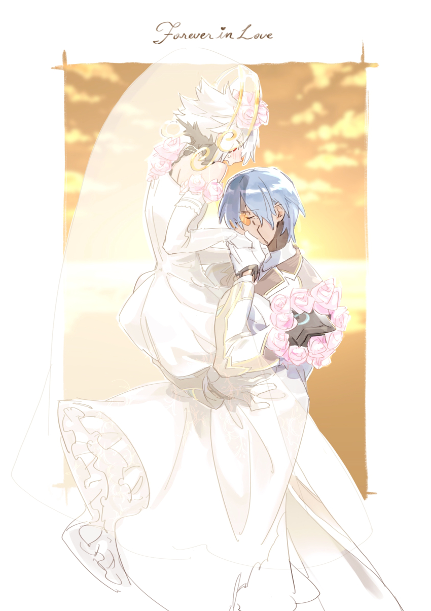 .hack// .hack//g.u. 2boys alternate_costume blue_hair border bouquet closed_eyes commentary_request crossdressing dark-skinned_male dark_skin dress elbow_gloves embarrassed facial_tattoo flower formal_clothes gloves groom hand_up haseo_(.hack//) highres husband_and_husband lifting_person maishi male_focus multiple_boys open_mouth orange-tinted_eyewear orange_sky outdoors ovan_(.hack//) pink_flower pink_rose rose short_hair sky suit sunset surprised tattoo tinted_eyewear tuxedo veil wedding_dress white_dress white_gloves white_hair white_suit yaoi