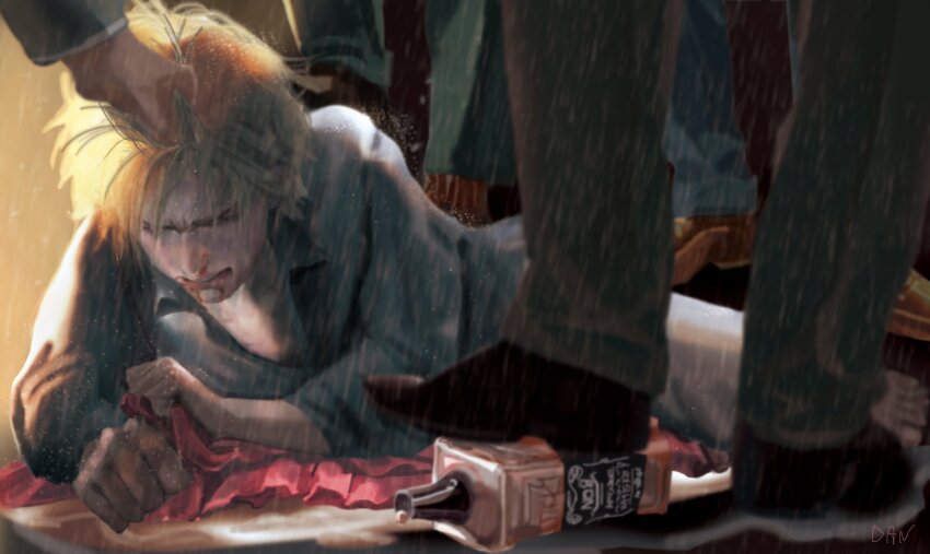 abuse aged_down alcohol blonde_hair blood blood_from_mouth blood_on_face bottle commentary_request danart14020 dio_brando dress grabbing_another&#039;s_hair highres injury jacket jojo_no_kimyou_na_bouken lying male_focus nosebleed pants phantom_blood pink_dress rain shirt shoes short_hair solo_focus wet white_shirt