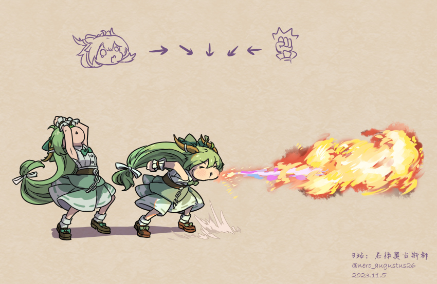 1girl absurdres alternate_color breath_weapon breathing_fire command_input dhalsim fire green_hair green_skirt grey_shirt highres horns ibuki_suika long_hair nero_augustus shirt skirt sleeveless sleeveless_shirt street_fighter street_fighter_6 touhou very_long_hair wrist_cuffs