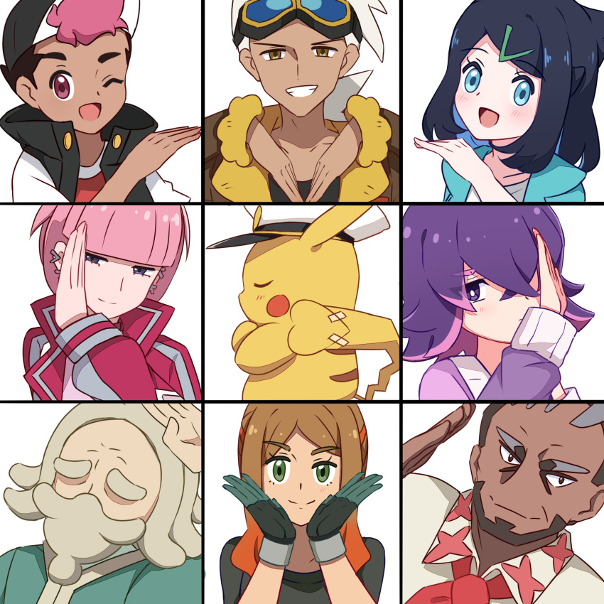 4boys 4girls :d beard black_hair black_hat black_shirt black_vest blonde_hair blunt_bangs blush bright_pupils brown_jacket captain_pikachu cardigan closed_mouth collared_shirt dot_(pokemon) facial_hair friede_(pokemon) gen_1_pokemon gloves goggles green_eyes grin hair_ornament hairclip hand_up hands_up hat highres jacket liko_(pokemon) looking_at_viewer ludlow_(pokemon) mollie_(pokemon) multicolored_hair multiple_boys multiple_girls murdock_(pokemon) nintendo open_clothes open_mouth open_vest orla_(pokemon) parted_bangs pikachu pink_hair pokemon pokemon_(anime) pokemon_horizons purple_cardigan purple_eyes purple_hair roy_(pokemon) shirt short_hair short_sleeves smile split_mouth t-shirt teeth toumei_4869 two-tone_hair vest white_hair white_hat white_pupils