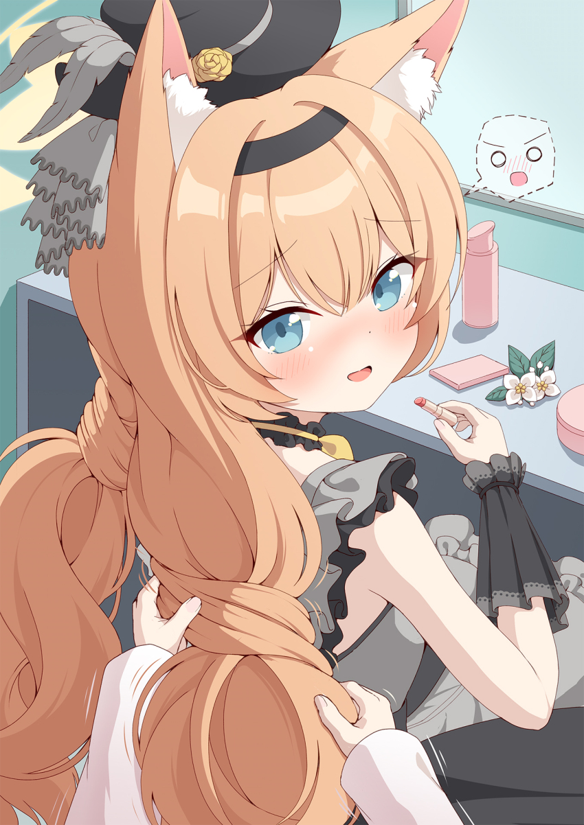 1girl 1other :d animal_ear_fluff animal_ears azel_(laevateinn495) black_hairband black_hat blue_archive blush cat_ears choker commentary_request cosmetics cowboy_shot dress flower frilled_choker frilled_dress frills from_behind furrowed_brow grey_dress hair_between_eyes hairband hairdressing hand_up hat hat_feather hat_flower highres holding holding_another&#039;s_hair holding_lipstick_tube idol idol_clothes indoors lipstick_tube long_hair looking_at_viewer looking_back low_twintails mari_(blue_archive) mari_(idol)_(blue_archive) mirror motion_lines nose_blush official_alternate_costume open_mouth orange_hair pov pov_hands rose sitting smile speech_bubble top_hat twintails yellow_flower yellow_rose
