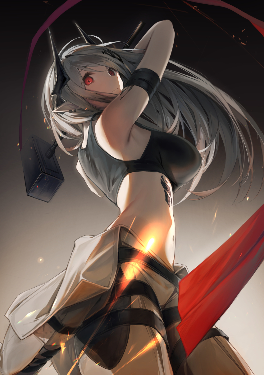 1girl absurdres arknights bare_shoulders black_horns breasts closed_mouth commentary cowboy_shot crop_top grey_hair hammer highres holding holding_hammer holding_weapon horns large_breasts long_hair looking_at_viewer material_growth midriff mudrock_(arknights) mudrock_(elite_ii)_(arknights) navel oripathy_lesion_(arknights) r_oot red_eyes sledgehammer solo standing weapon