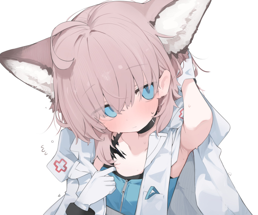 1girl animal_ears arknights bar_censor blue_eyes censored commentary_request disembodied_penis gloves grey_hair highres material_growth mikozin oripathy_lesion_(arknights) penis sussurro_(arknights) upper_body white_gloves