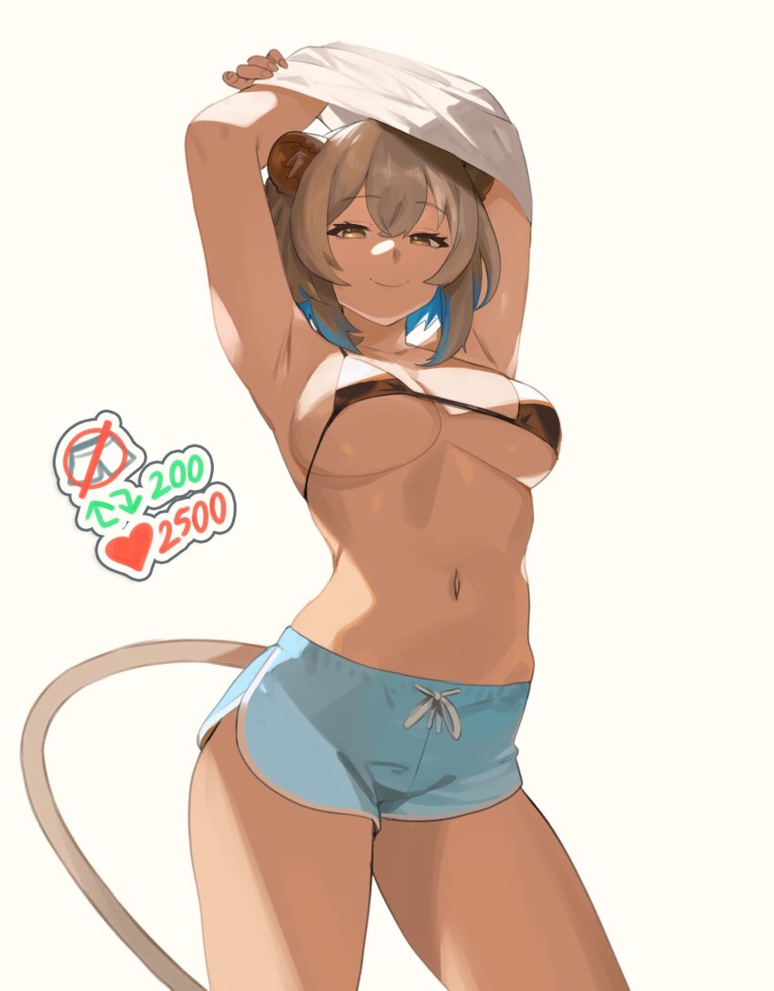 1girl animal_ears armpits arms_up bikini blue_hair blue_shorts breasts brown_eyes brown_hair clothes_lift colored_inner_hair dolphin_shorts drawstring hazumi_aileen highres indie_virtual_youtuber lifting_own_clothes lion_ears lion_tail looking_at_viewer micro_bikini multicolored_hair navel open_mouth shirt shirt_lift short_shorts shorts simple_background smile solo standing swimsuit tail thernz thighs twitter_strip_game two-tone_hair underboob virtual_youtuber white_background white_shirt