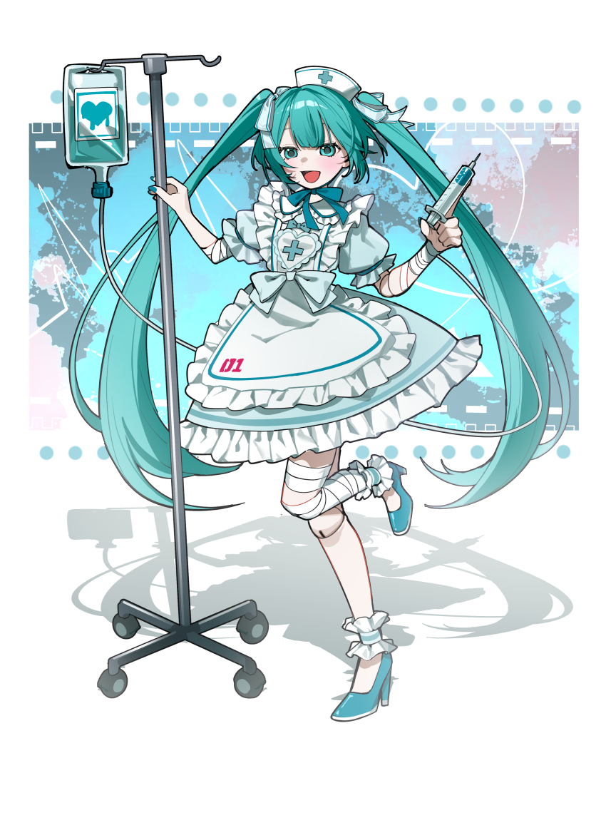 1girl :d absurdres ankle_cuffs apron aqua_bow aqua_dress aqua_eyes aqua_hair aqua_nails aqua_shoes aqua_theme bandaged_arm bandaged_leg bandages blue_background blue_bow bow bow_apron bowtie commentary doll_joints dress foot_up frilled_apron frilled_dress frills full_body hair_bow hat hatsune_miku high_heels highres holding holding_syringe intravenous_drip joints looking_at_viewer myuga66666 nurse nurse_cap open_mouth puffy_short_sleeves puffy_sleeves shoes short_sleeves smile solo syringe twintails vocaloid white_apron white_background