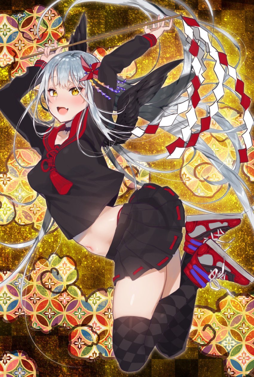 1girl :d arms_up bird black_thighhighs blush breasts crop_top crop_top_overhang crow fang female_focus highres long_hair looking_at_viewer midriff navel nito_(siccarol) open_mouth pleated_skirt school_uniform serafuku shiny_skin shippou_(pattern) shoes silver_hair skindentation skirt smile sneakers solo thighhighs very_long_hair yellow_eyes