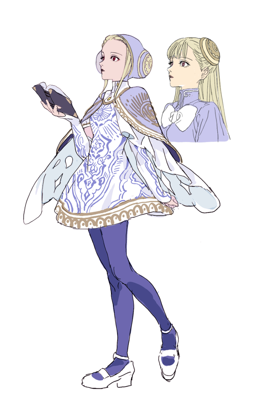 1girl anklet bangs_pinned_back blonde_hair book bow bowtie bridal_gauntlets capcom_fighting_jam cape capelet commentary cropped_torso dress elbow_gloves full_body gloves guimpe hairpods hand_up highres holding holding_book ingrid_(capcom) jewelry long_hair looking_up mary_janes multiple_views nobita_(makoto7060355) open_book pantyhose parted_lips purple_capelet purple_pantyhose purple_shirt red_eyes shirt shoes simple_background standing street_fighter street_fighter_6 white_background white_bow white_cape white_dress white_gloves white_shoes wimple
