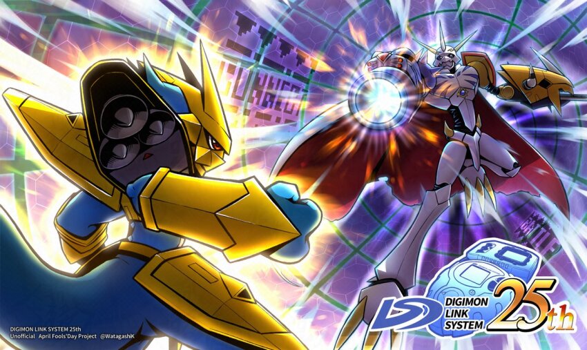 april_fools arm_blade arm_cannon armor blue_skin cape clenched_hand colored_skin d-3_(digimon) digimon digimon_(creature) digimon_(virtual_pet) dragon energy_cannon gold_armor magnamon mecha omegamon red_cape red_eyes robot sword watagashikn weapon white_cape