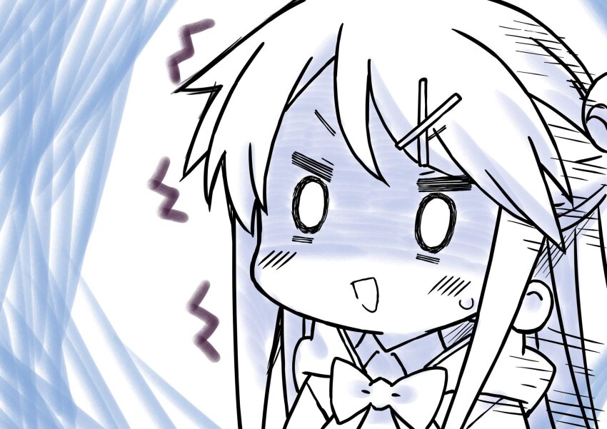 1girl :d blush bow chibi false_smile furrowed_brow hair_bun hair_ornament hairclip highres hood hood_down kin-iro_mosaic koseki_masaru kujou_karen long_hair messy_hair moegi_high_school_uniform official_art open_mouth partially_colored school_uniform shaded_face single_hair_bun smile solo sweatdrop swept_bangs tsurime turn_pale upper_body x_hair_ornament