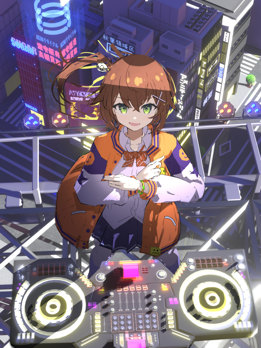 1girl bow brown_hair city cityscape denonbu dj green_eyes gurumaruhana hair_ornament hidaka_reina_(denonbu) highres jacket long_hair long_sleeves looking_at_viewer open_clothes open_jacket open_mouth phonograph pleated_skirt shirt skirt smile solo standing turntable vinyl_record white_shirt