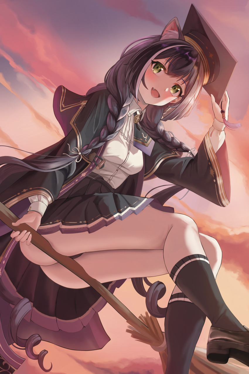 1girl absurdres animal_ear_fluff animal_ears arm_up ass black_hair black_panties black_robe black_skirt black_socks braid breasts broom broom_riding cat_ears cat_girl collared_shirt craig_(2980ct) fang green_eyes hair_over_shoulder hat highres karyl_(princess_connect!) karyl_(transfer_student)_(princess_connect!) kneehighs loafers long_sleeves low_twin_braids medium_breasts mortarboard multicolored_hair necktie open_clothes open_mouth open_robe panties princess_connect! robe shirt shoes short_necktie skirt smile socks solo streaked_hair twilight twin_braids underwear white_shirt white_streaks wide_sleeves