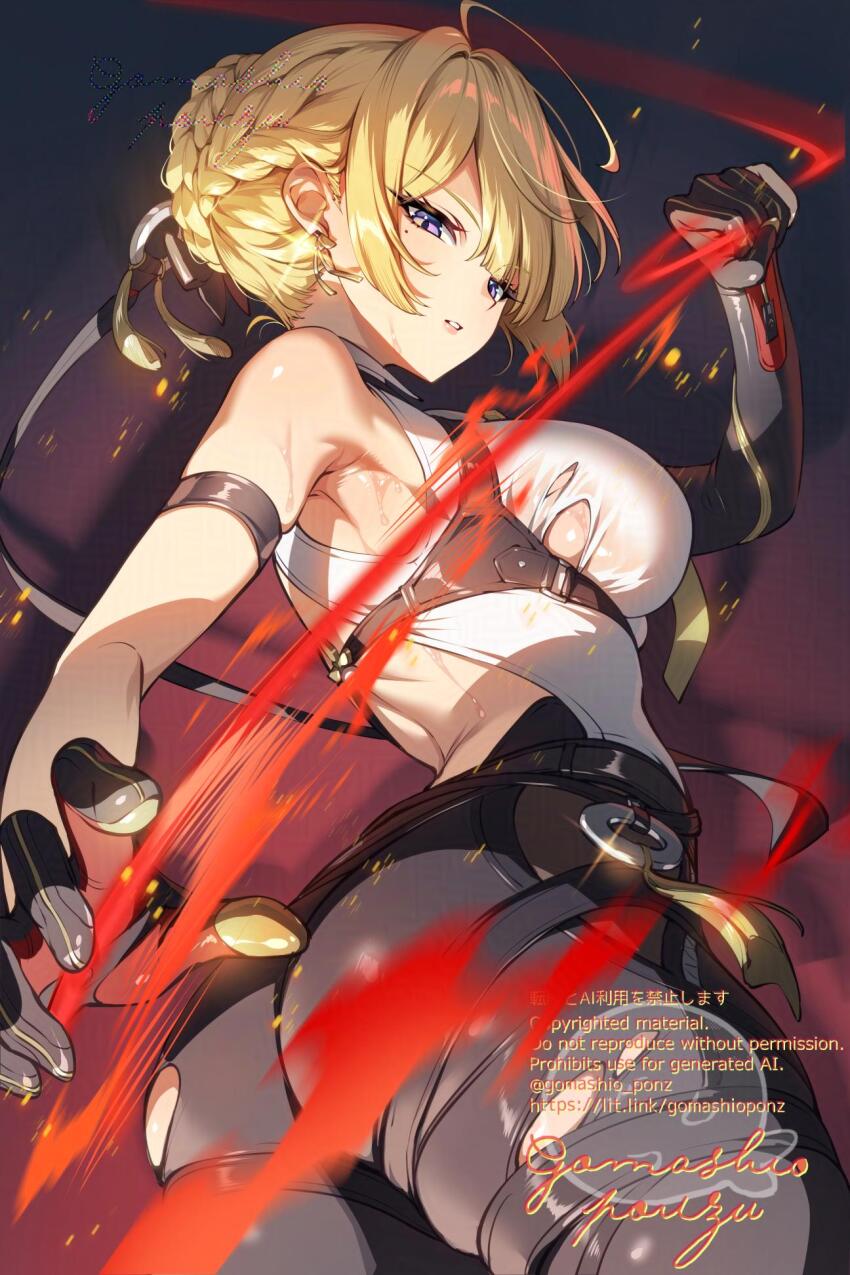 1girl adversarial_noise ahoge arm_strap armpits ass blonde_hair braid braided_bun breasts commentary earrings evelyn_chevalier from_behind gomashio_ponz hair_bun hair_ornament highres jewelry large_breasts looking_back mole mole_under_eye parted_lips purple_eyes revision shirt solo sweat torn_clothes torn_shirt zenless_zone_zero