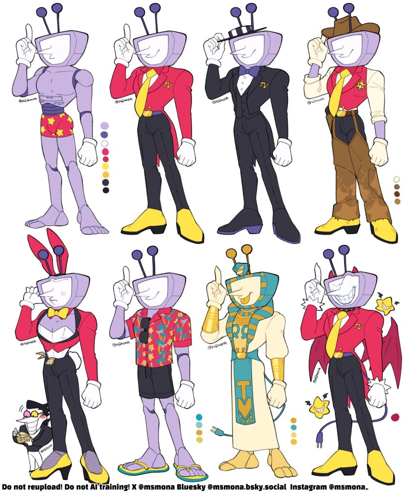 2boys alternate_costume ancient_egyptian_clothes animal_ears ant_tenna ant_tenna_(shootout) belt belt_buckle black_hair black_jacket black_pants black_shoes black_shorts black_vest blue_belt blue_bow blue_bowtie bow bowtie briefs brown_hat buckle chaps clenched_hand commentary counting_money cowboy_hat crt deltarune drawstring electric_plug electric_plug_tail english_commentary eyewear_hang fake_animal_ears full_body gloves hat high_heels highres holding holding_money humanoid_robot jacket m516 male_focus male_playboy_bunny male_underwear money multiple_boys necktie object_head pants pointy_nose print_shirt rabbit_ears rabbit_tail red_shirt reference_sheet robot sandals shirt shoes shorts size_difference spamton_g._spamton striped_hat sunglasses tail tailcoat tucked_money underwear unworn_eyewear vest white_gloves white_pants yellow_gloves yellow_necktie yellow_shirt yellow_shoes