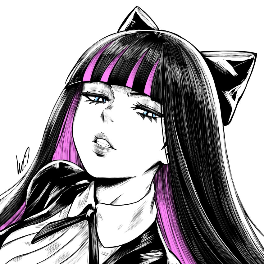 1girl black_hair blue_eyes blunt_bangs bow breasts colored_inner_hair dress gothic_lolita hair_bow highres large_breasts limited_palette lolita_fashion long_hair looking_at_viewer lughost multicolored_hair panty_&amp;_stocking_with_garterbelt pink_hair simple_background smile solo spot_color stocking_(psg) two-tone_hair upper_body white_background