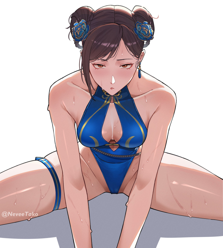 1girl absurdres bare_arms bare_shoulders blue_flower blue_one-piece_swimsuit breasts brown_eyes brown_hair bun_with_braided_base capcom chun-li cleavage closed_mouth clothing_cutout commentary double_bun earrings flower gold_trim groin hair_bun hair_flower hair_ornament highleg highleg_one-piece_swimsuit highres jewelry lips looking_at_viewer medium_breasts nevee official_alternate_costume one-piece_swimsuit parted_bangs short_hair simple_background sitting solo spread_legs straight-on street_fighter street_fighter_6 swimsuit thigh_strap wet white_background