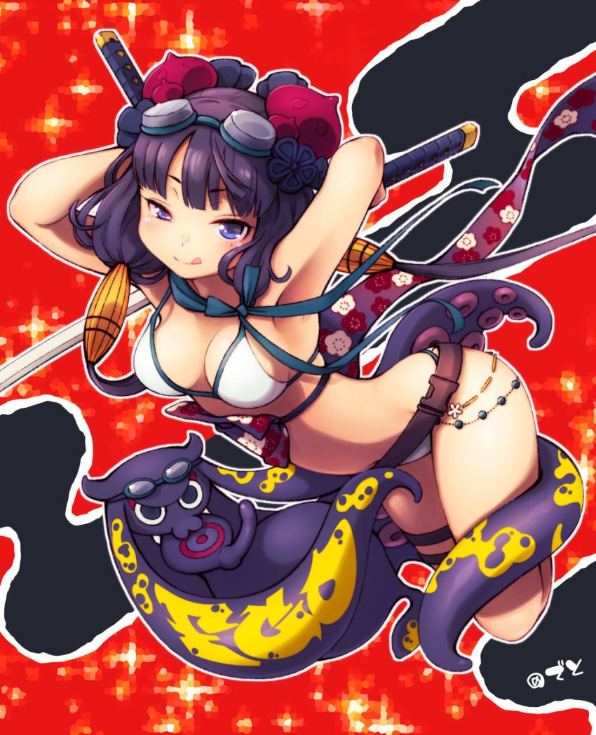 1girl arms_behind_head arms_up bikini blue_eyes breasts cleavage closed_mouth deto dual_wielding fate/grand_order fate_(series) goggles goggles_on_head highres holding holding_sword holding_weapon katana katsushika_hokusai_(fate) katsushika_hokusai_(swimsuit_saber)_(fate) long_hair looking_at_viewer medium_breasts navel octopus outline purple_hair smile suction_cups swimsuit sword tentacles thigh_strap tokitarou_(fate) tongue tongue_out twintails uneven_eyes weapon white_bikini white_outline