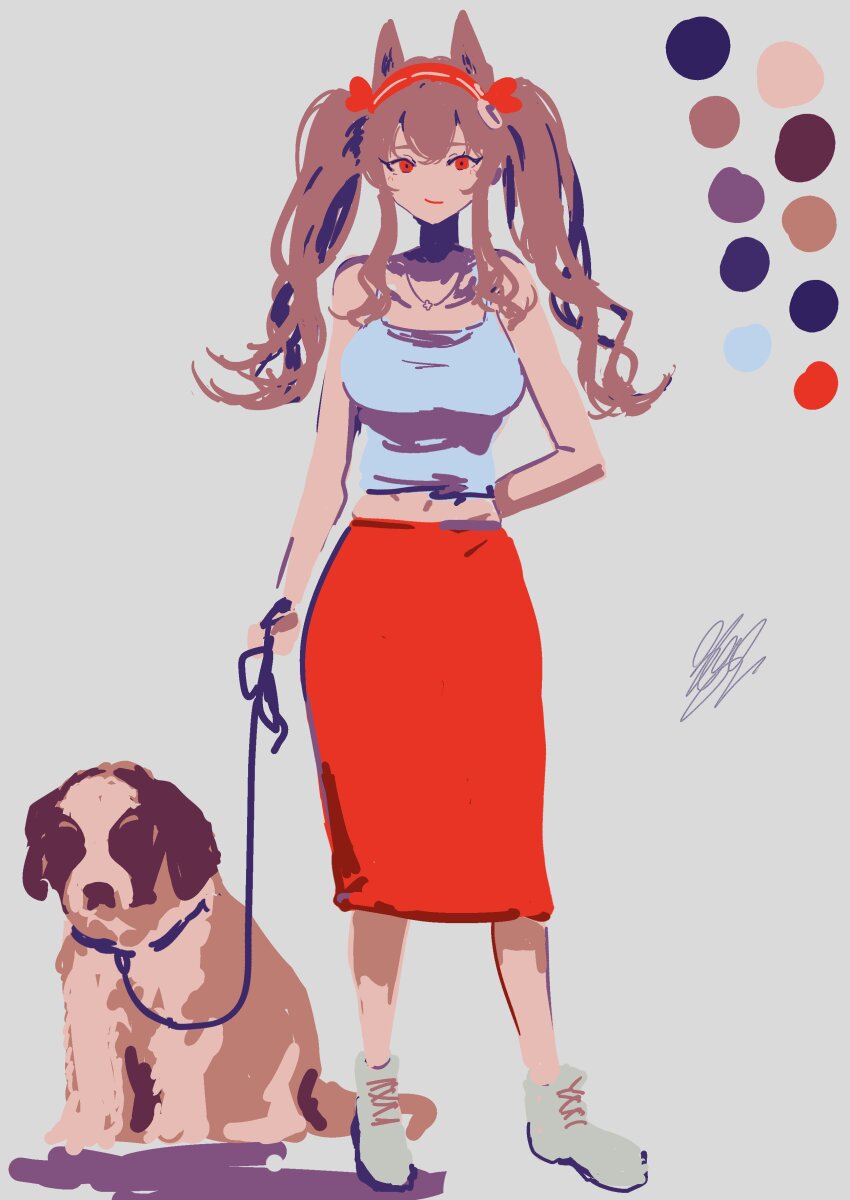 1girl 360_(taiyo360) absurdres alternate_costume angelina_(arknights) animal_ears arknights arm_behind_back bare_shoulders breasts brown_hair color_guide dog fox_ears fox_girl full_body grey_background hairband highres holding holding_leash jewelry leash long_hair long_skirt looking_at_viewer medium_breasts midriff navel necklace red_eyes red_hairband red_skirt shirt shoes simple_background sketch skirt smile solo standing striped_clothes striped_hairband twintails white_shirt white_shoes