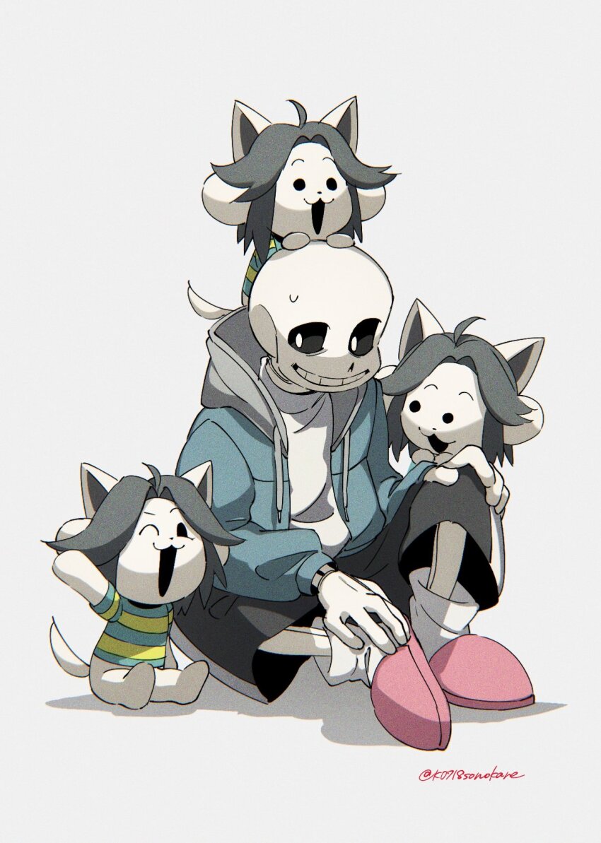 1boy :3 ;3 animal ankle_socks black_pants black_sclera blue_jacket chromatic_aberration colored_sclera commentary_request drawstring film_grain full_body gloves grey_background grey_hair grey_hood grin hand_on_own_knee highres hood hood_down hooded_jacket jacket knee_up knees_apart_feet_together looking_at_another looking_to_the_side one_eye_closed open_clothes open_jacket open_mouth pants parted_bangs pink_slippers sans_(undertale) shadow shirt short_hair simple_background sitting skeleton slippers smile socks sonokare sweatdrop temmie twitter_username undertale white_gloves white_shirt white_socks