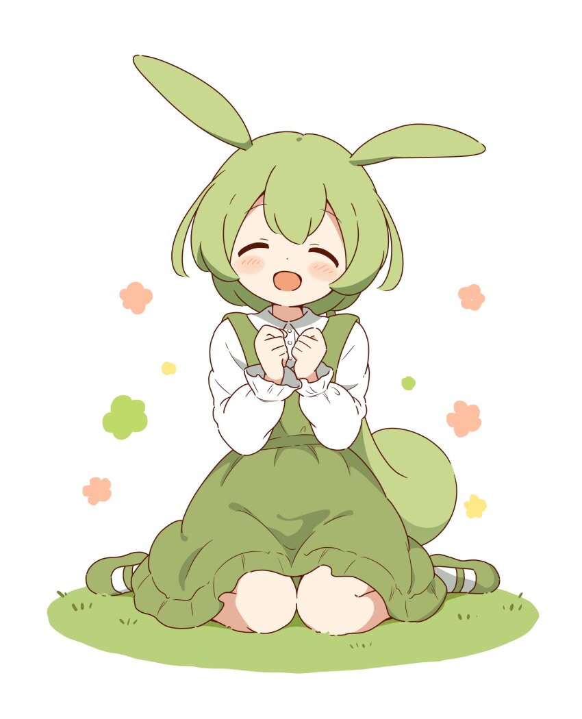 1girl :d absurdres animal_ears blush collared_shirt dress facing_viewer frilled_dress frills full_body green_dress green_hair green_shoes highres long_hair long_sleeves low-tied_long_hair ojou-sama_zundamon open_mouth own_hands_together pinafore_dress rabbit_ears rabbit_girl shirt shoes sidelocks simple_background sitting sleeveless sleeveless_dress smile socks solo voicevox wariza white_background white_shirt white_socks zundamon zungurimukkuri_tarou