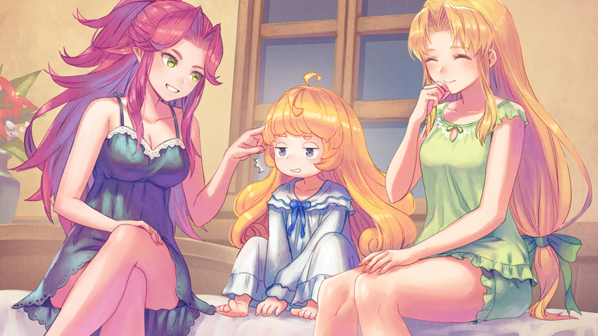 3girls ^^^ ahoge anbe_yoshirou angela_(seiken_densetsu_3) bed breasts charlotte_(seiken_densetsu_3) cleavage frilled_shorts frills green_eyes hair_intakes highres long_hair looking_at_another low-tied_long_hair multiple_girls nightgown pajamas pointy_ears rabite_(seiken_densetsu) riesz seiken_densetsu seiken_densetsu_3 shorts sitting slippers smile window
