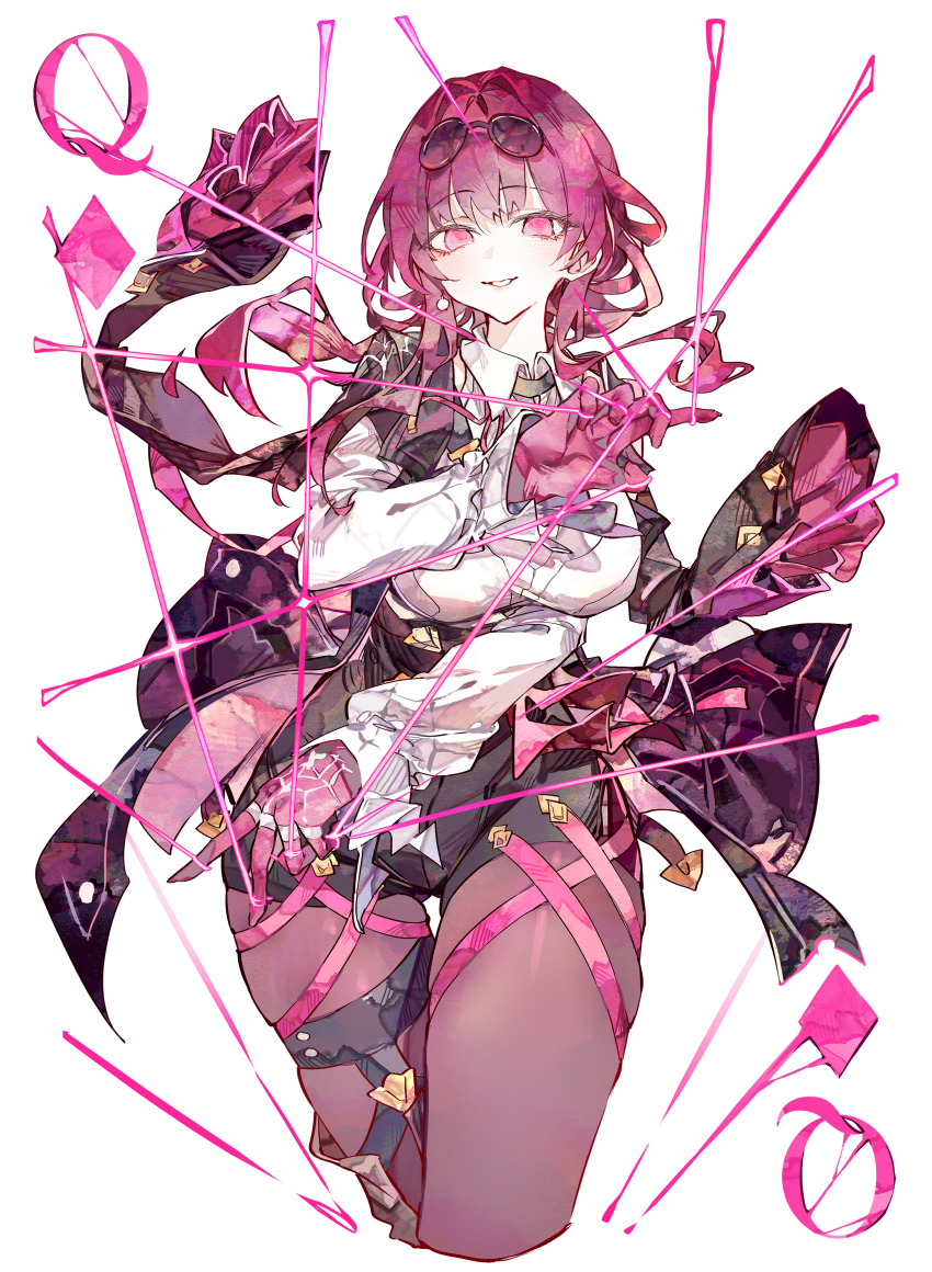 1girl absurdres black_jacket black_shorts breasts cocoballking collared_shirt cropped_legs eyewear_on_head glasses gloves high-waist_shorts highres honkai:_star_rail honkai_(series) jacket kafka_(honkai:_star_rail) large_breasts long_hair long_sleeves looking_at_viewer pantyhose pince-nez purple_eyes purple_gloves purple_hair purple_thighhighs queen_(playing_card) shirt shirt_tucked_in shorts skindentation smile solo string sunglasses thigh_gap thighhighs white_shirt