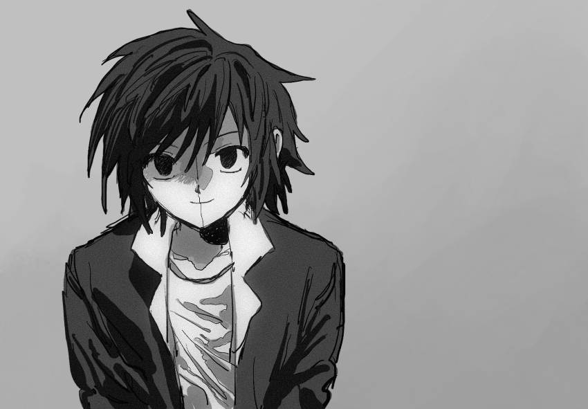 1boy commentary_request cracked_skin gakuran grey_background greyscale highres looking_at_viewer male_focus monochrome randal&#039;s_friends school_uniform short_hair simple_background smile solo tami_tome_mo tsukada_satoru upper_body
