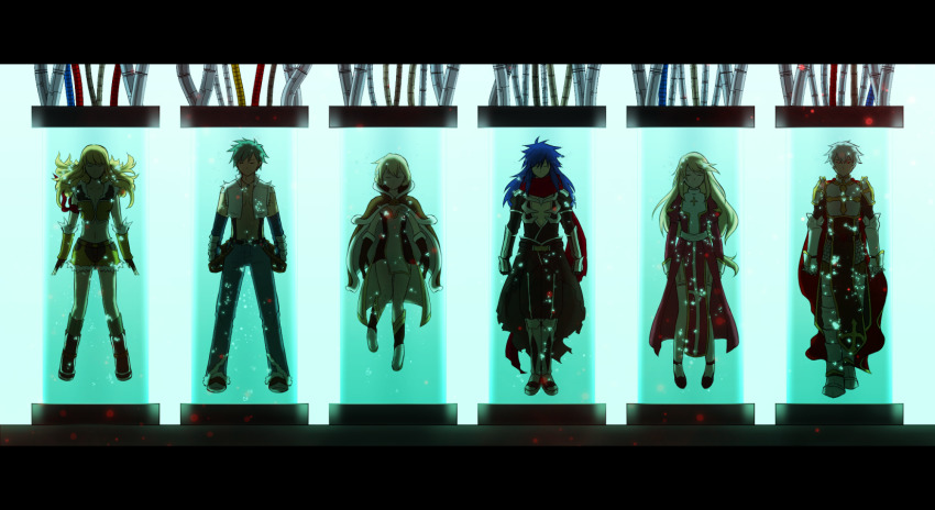 3boys 3girls arm_warmers armor assassin_cross_(ragnarok_online) belt bio_lab black_footwear black_pants black_shirt blonde_hair blue_hair boots breastplate breasts brooch brown_footwear bubble cape cecil_damon chainmail cleavage closed_eyes collared_shirt commentary_request crop_top cross denim dress eremes_guile fingerless_gloves fur-trimmed_arm_warmers fur-trimmed_cape fur-trimmed_gloves fur-trimmed_shorts fur-trimmed_vest fur_trim garter_straps gauntlets gloves green_hair hair_between_eyes high_heels high_priest_(ragnarok_online) high_wizard_(ragnarok_online) highres hituzi425 howard_alt-eisen jeans jewelry juliet_sleeves kathryne_keyron long_hair long_sleeves lord_knight_(ragnarok_online) margaretha_sorin medium_breasts midriff multiple_boys multiple_girls navel necklace open_clothes open_shirt pants pauldrons puffy_sleeves ragnarok_online red_cape red_dress red_gloves red_scarf sash scarf seyren_windsor shirt shoes short_hair short_shorts short_sleeves shorts shoulder_armor simple_background sniper_(ragnarok_online) stomach tabard thighhighs torn_cape torn_clothes torn_sleeves tourniquet tube underwater vest waist_cape white_background white_hair white_legwear white_sash whitesmith_(ragnarok_online) yellow_shorts yellow_vest