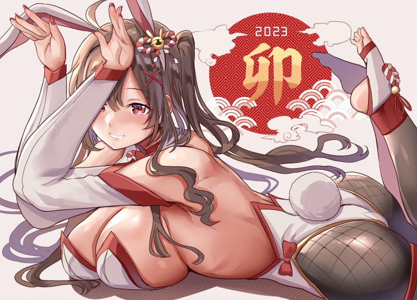 1girl 2022 animal_ears ass bare_shoulders black_pantyhose blush breasts brown_hair closed_mouth detached_sleeves feet from_side hands_up himuro_shunsuke large_breasts leotard long_hair long_sleeves looking_at_viewer original pantyhose playboy_bunny rabbit_ears rabbit_tail red_eyes revision smile solo tail white_leotard white_sleeves