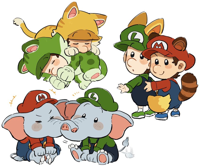 2boys baby_luigi baby_mario blue_overalls brown_hair cat_luigi cat_mario elephant_luigi elephant_mario facial_hair gloves green_shirt hat highres kitsune_luigi luigi male_focus mario mario_(series) mimimi_(mimimim9999) multiple_boys multiple_persona mustache nintendo overalls shirt short_hair super_mario_3d_world super_mario_bros._wonder tanuki_mario white_gloves