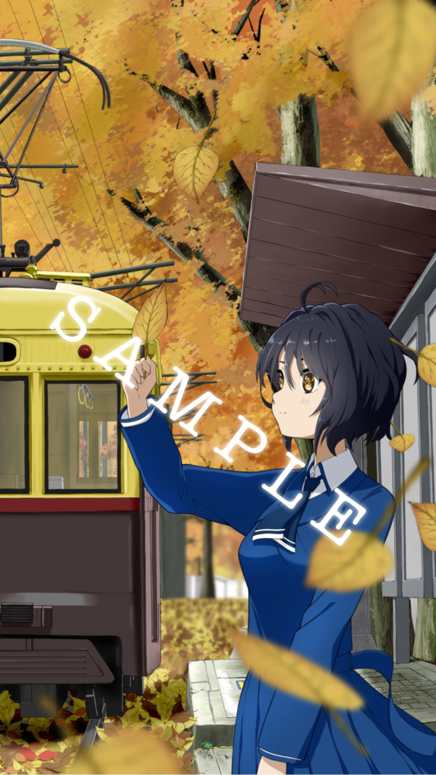 1girl 22/7 ahoge autumn autumn_leaves belt blue_belt blue_dress blue_hair blue_necktie boku_ga_motteru_mono_nara brown_eyes dark_blue_hair dress falling_leaves highres holding holding_leaf leaf long_sleeves morinomiya_ruri necktie outdoors pantograph pleated_dress short_hair solo streetcar takigawa_miu train train_station_platform tree wavy_hair yellow_leaves