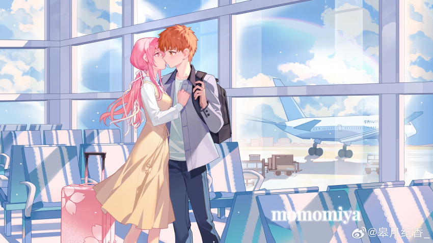 1boy 1girl absurdres aircraft airplane airport blush bow breasts collared_shirt couple dress emiya_shirou fate/stay_night fate_(series) french_kiss gaoyue_jixiang hair_bow hair_ornament hetero highres hug igote jacket jet_airliner kiss kissing_forehead long_hair long_sleeves oc_x_canon orange_hair original pink_eyes pink_hair red_hair ribbon rolling_suitcase runway shirt skirt smile suitcase surprise_kiss surprised twintails yellow_dress yellow_eyes