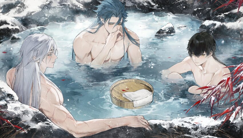 3boys absurdres black_hair blush calcharo_(wuthering_waves) closed_mouth collarbone commentary covering_own_mouth ear_piercing english_commentary green_hair grey_hair highres hotsprings jiyan_(wuthering_waves) long_hair looking_at_another looking_to_the_side male_focus male_rover_(wuthering_waves) multiple_boys onsen outdoors parted_lips partially_submerged piercing rover_(wuthering_waves) scales scar scar_on_arm secretfj520 tacet_mark_(wuthering_waves) toned toned_male towel water wet wuthering_waves yellow_eyes