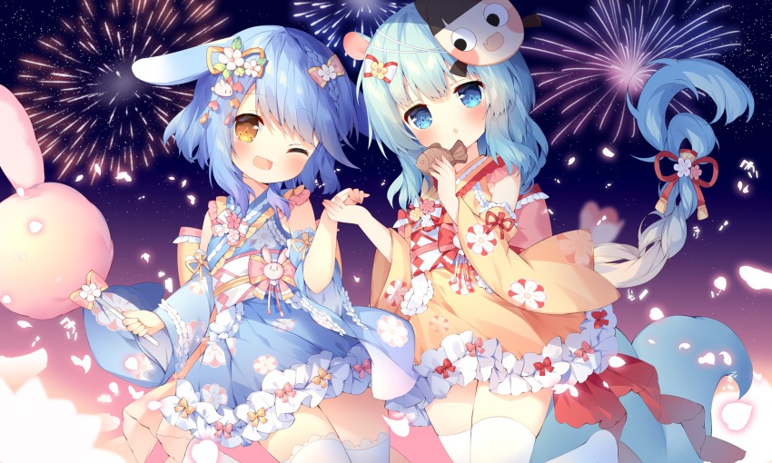 2girls :o ;d aerial_fireworks animal_ears azur_lane bare_shoulders blue_eyes blue_hair blue_kimono blue_sleeves blush braid character_mask chocolate commentary_request cotton_candy cowboy_shot detached_sleeves dress festival fireworks fish floral_print food frilled_kimono frills green_hair hair_between_eyes hair_ornament highres holding holding_cotton_candy holding_food holding_hands japanese_clothes kimono lace long_hair long_sleeves looking_at_viewer mask mask_on_head mikazuki_(azur_lane) minazuki_(azur_lane) multiple_girls mutsuki_face_(azur_lane) night one_eye_closed open_mouth partial_commentary petals pink_ribbon rabbit rabbit_ears red_ribbon ribbed_dress ribbon short_kimono sidelocks skindentation sleeveless sleeveless_kimono smile squirrel_ears squirrel_tail standing tail taiyaki thighhighs thighs tsukimi_(xiaohuasan) very_long_hair wagashi white_legwear yellow_kimono yellow_ribbon yellow_sleeves yukata zettai_ryouiki