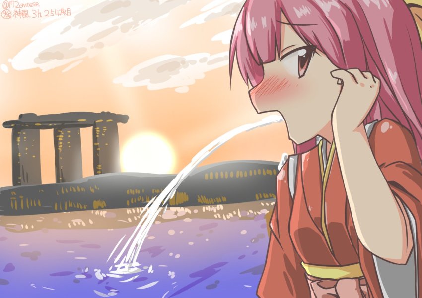 10s 172cm 1girl bow building character_name female_focus forced_perspective hair_bow hakama hakama_skirt japanese_clothes kamikaze_(kancolle) kantai_collection kimono long_hair looking_at_viewer marina_bay_sands meiji_schoolgirl_uniform one-hour_drawing_challenge open_mouth orange_sky pink_hakama purple_eyes purple_hair red_kimono singapore skirt sky solo sunset twitter_username upper_body water yellow_bow