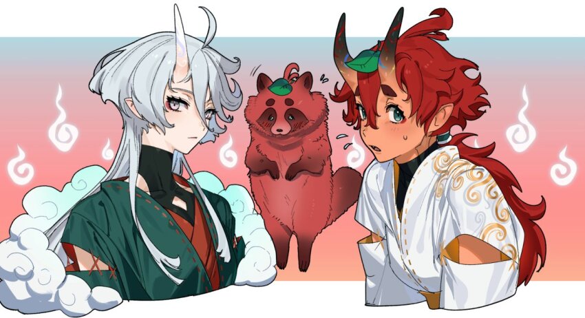 2girls ahoge animalization baesong commentary_request cropped_torso eyeliner flying_sweatdrops green_eyes grey_eyes gundam gundam_suisei_no_majo horns korean_commentary leaf leaf_on_head long_hair looking_at_viewer makeup miorine_rembran multiple_girls oni onmyouji pointy_ears ponytail red_hair simple_background suletta_mercury tanuki thick_eyebrows upper_body white_hair will-o&#039;-the-wisp_(mythology)