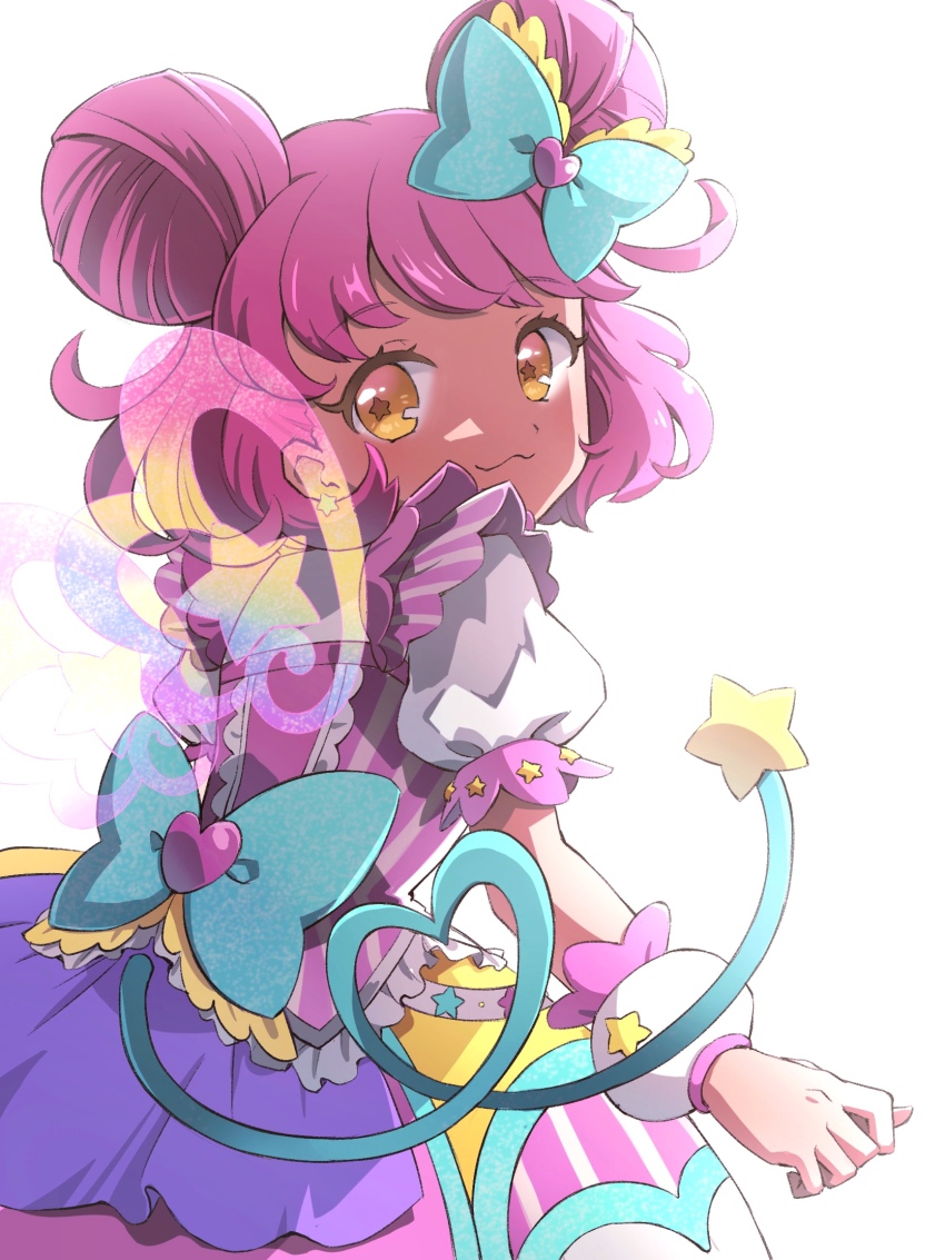 1girl :3 bow bubble_skirt commentary_request double_bun dress from_behind hair_bow hair_bun highres idori kiracchu_(pri_chan) kiratto_pri_chan looking_at_viewer looking_back pink_dress pink_hair pretty_series puffy_short_sleeves puffy_sleeves short_sleeves simple_background skirt smile solo standing star-shaped_pupils star_(symbol) symbol-shaped_pupils tail white_background wings yellow_eyes