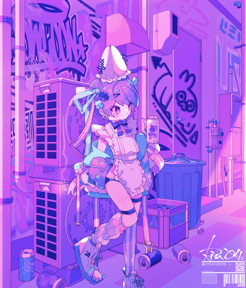 1boy absurdres animal_ears apron asymmetrical_legwear barcode black_panties blush bright_pupils can closed_mouth commentary dated_commentary ear_covers english_text full_body graffiti hair_ornament hair_ribbon hairclip highres holding holding_can jacket jacket_partially_removed leg_up leg_warmers maid_apron male_focus nearly_naked_apron original outdoors ozureiji panties purple_eyes purple_hair purple_theme qr_code rabbit_ears ribbon shoes short_hair sneakers solo striped_clothes striped_thighhighs symbol-only_commentary thigh_strap thighhighs trap trash_can tsurime underwear white_apron white_jacket white_leg_warmers white_pupils white_shoes x_hair_ornament