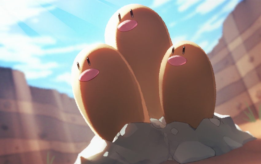 black_eyes cloud commentary_request day dugtrio from_below gen_1_pokemon light_rays looking_up naoki_eguchi nintendo no_humans outdoors pokemon pokemon_(creature) sky solo