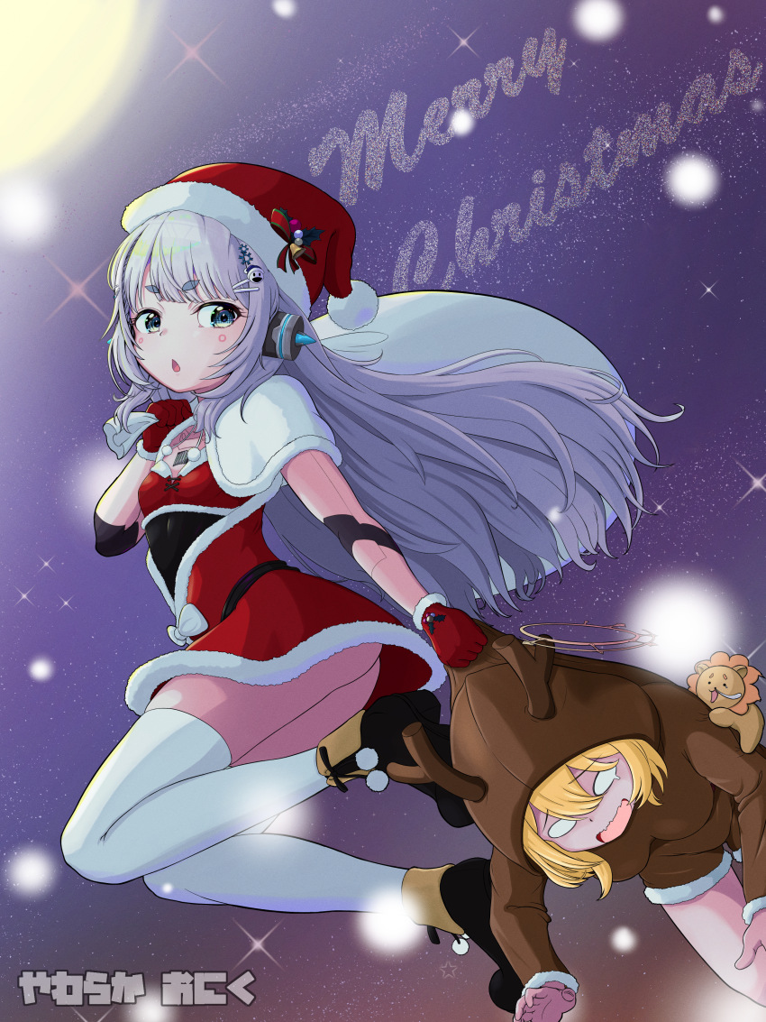 2girls absurdres and_uge animal_costume black_boots blunt_bangs blush boots breasts capelet christmas circle_facial_mark dress full_body full_moon fur-trimmed_dress fur-trimmed_gloves fur-trimmed_headwear fur_trim gloves grey_eyes grey_hair hat highres hinata_mashu holding holding_sack jumping long_hair merry_christmas moon multiple_girls nanashi_inc. open_mouth pom_pom_(clothes) red_dress red_gloves red_hat reindeer_costume sack santa_costume santa_hat short_hair small_breasts snowman_hair_ornament solo stuffed_animal stuffed_lion stuffed_toy thick_eyebrows thighhighs underbutt virtual_youtuber white_capelet white_thighhighs yawaraka_oniku_hatto