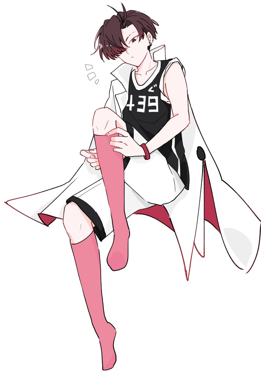 1boy absurdres earrings eyebrow_cut fate/dream_striker fate/grand_order fate_(series) hair_over_one_eye highres jacket jewelry kneehighs long_sleeves looking_at_viewer male_focus pants red_eyes red_hair shirt short_hair shorts soccer_uniform socks solo sportswear takasugi_shinsaku_(fate) takasugi_shinsaku_(first_ascension)_(fate) white_background white_jacket