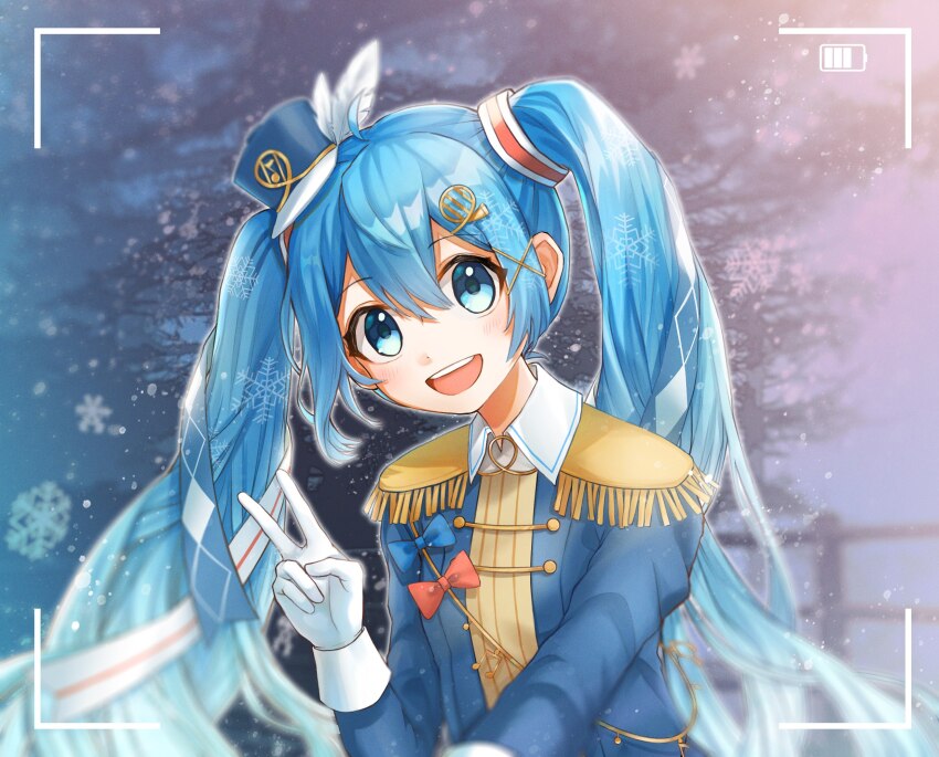 1girl :d ahoge amd_aoneko battery_indicator blue_bow blue_eyes blue_hair blue_hat blue_jacket bow double-parted_bangs epaulettes feathers fortissimo fringe_trim gloves hair_between_eyes hair_ornament hat hatsune_miku highres jacket long_hair long_sleeves looking_at_viewer mini_hat mini_shako_cap musical_note musical_note_hair_ornament open_mouth red_bow shako_cap smile snowflakes solo teeth twintails upper_teeth_only v very_long_hair vocaloid white_feathers white_gloves wing_collar x_hair_ornament yuki_miku yuki_miku_(2020)