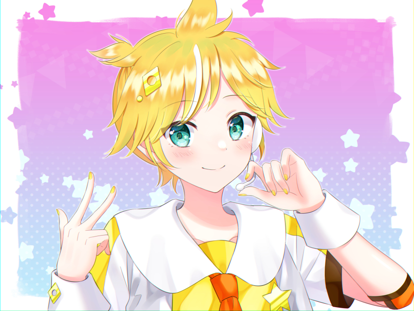1boy blonde_hair blue_eyes blush collared_shirt elbow_pads gradient_background hair_ornament headset highres kagamine_len looking_at_viewer magical_mirai_len magical_mirai_len_(2022) male_focus multicolored_hair nail_polish necktie ponytail rooibos sailor_collar shirt short_sleeves smile solo star_(symbol) star_ornament streaked_hair vocaloid w white_hair wrist_cuffs