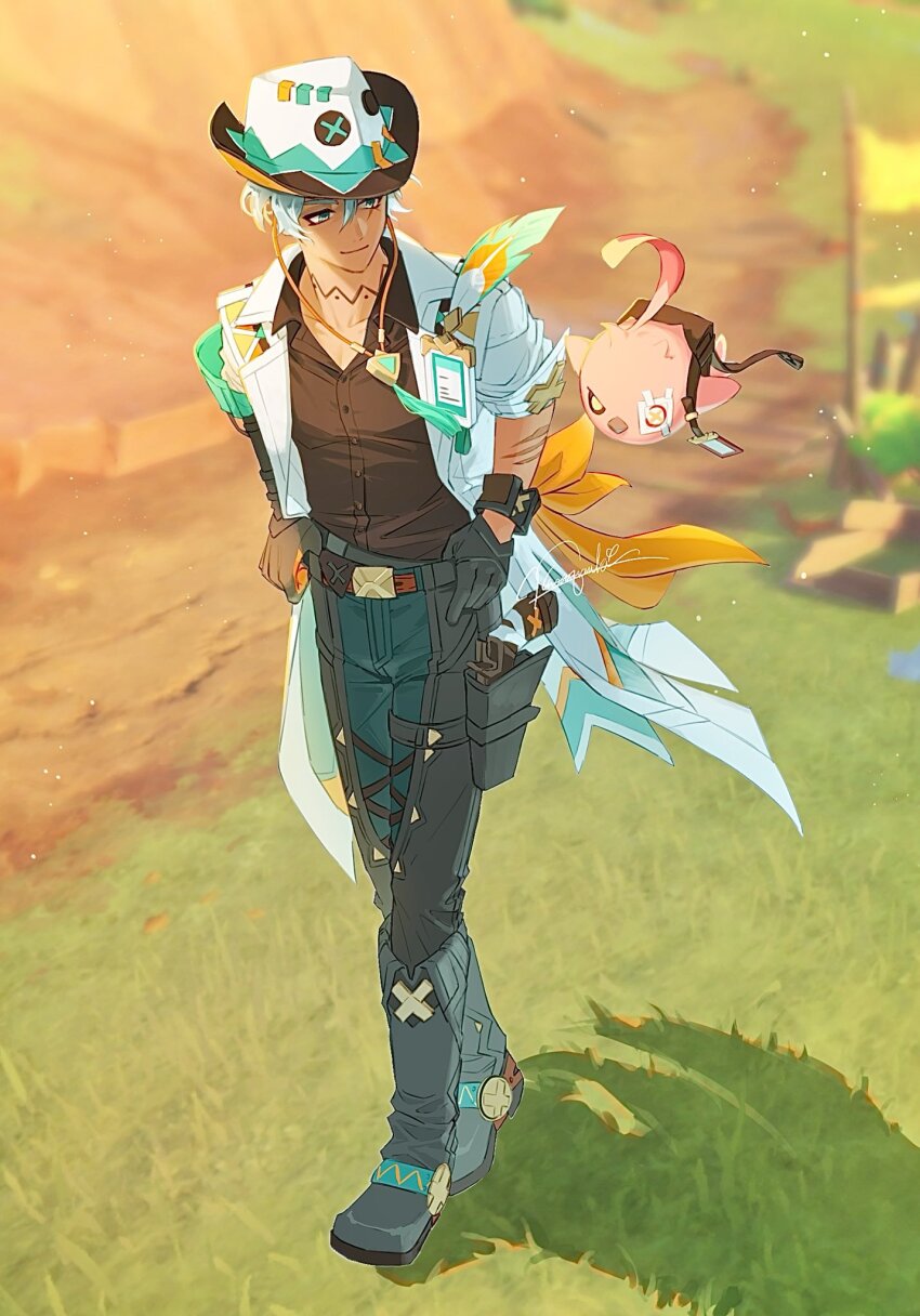1boy aqua_eyes aqua_pants black_shirt cacucu cloud coat collarbone collared_shirt commentary cowboy_hat dark-skinned_male dark_skin day english_commentary feathers genshin_impact glove_cutout grass gun hair_between_eyes hand_on_belt hat highres holster id_card ifa_(genshin_impact) lapels looking_at_creature male_focus neck_tattoo open_clothes open_coat pants scar scar_across_eye scar_on_face shirt shokun_2 short_hair smile solo tassel tattoo thigh_holster weapon white_coat white_hair white_hat