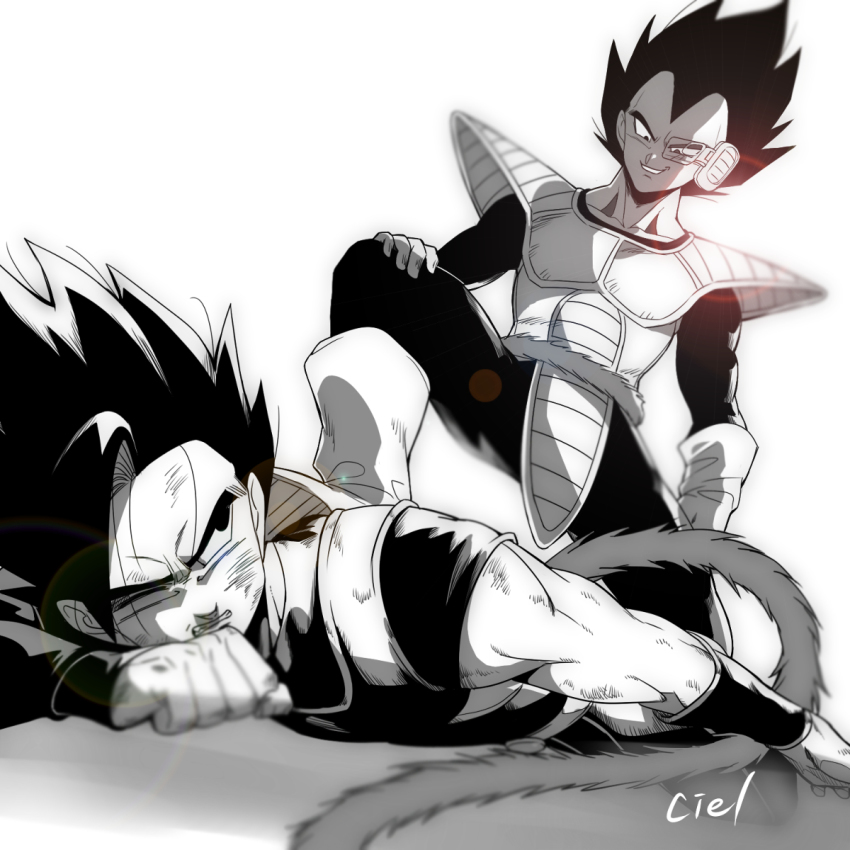 2boys armor damage fighting highres monkey_tail monochrome multiple_boys shallot_(dragon_ball) tail tarutobi vegeta